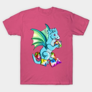 Cute baby dragon playing with dnd dice T-Shirt